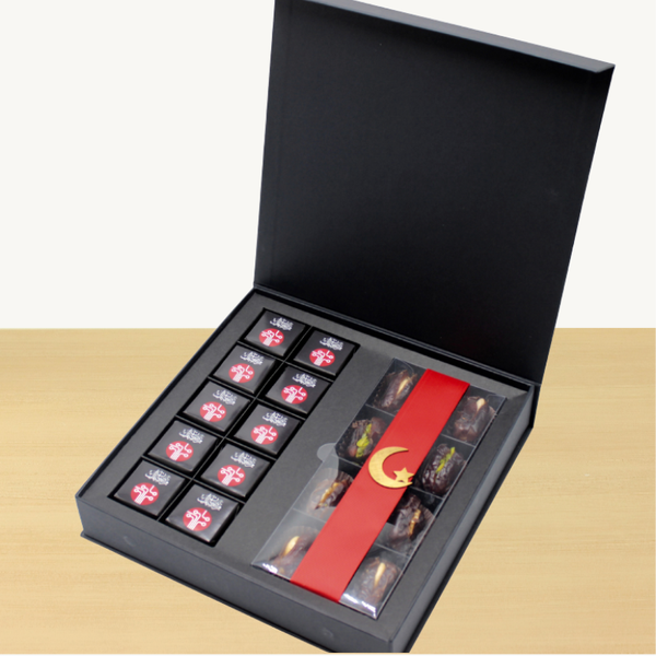 Corporate branded premium chocolate magnetic printed hard box with matching ribbon.