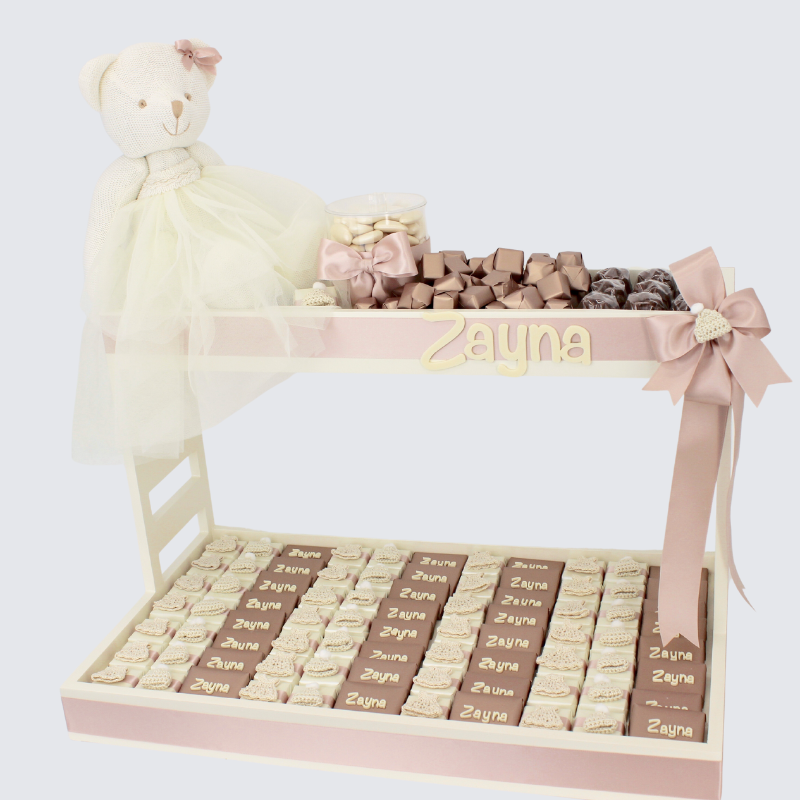 LUXURY PERSONALIZED ACRYLIC NAME & CROCHET DECORATED CHOCOLATE ARRANGEMENT