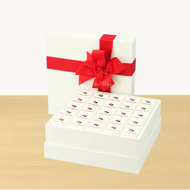Set of 2 Corporate branded chocolate hard box with matching ribbon