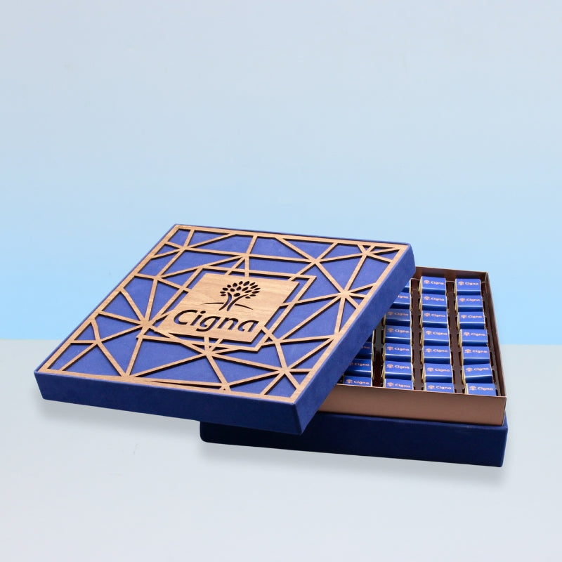 Corporate branded laser cut wood chocolate hard box