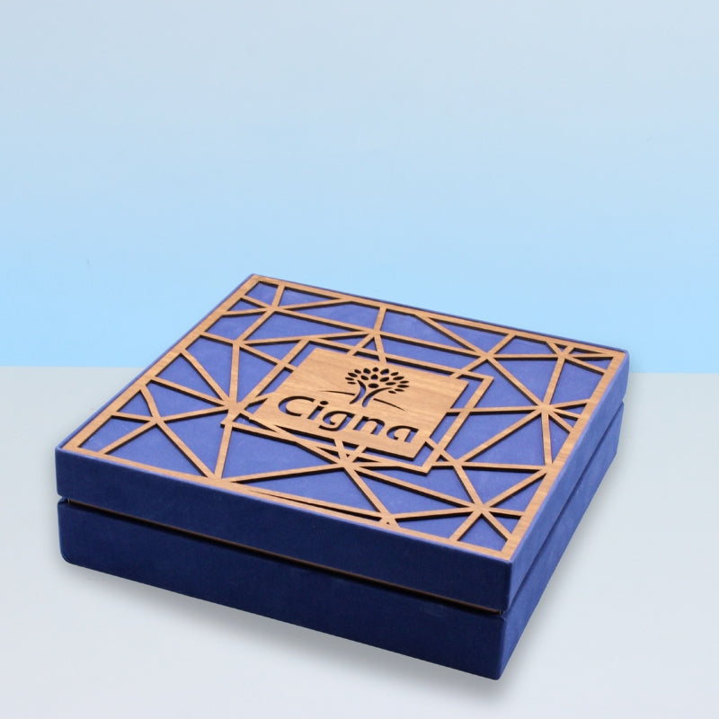 Corporate branded laser cut wood chocolate hard box