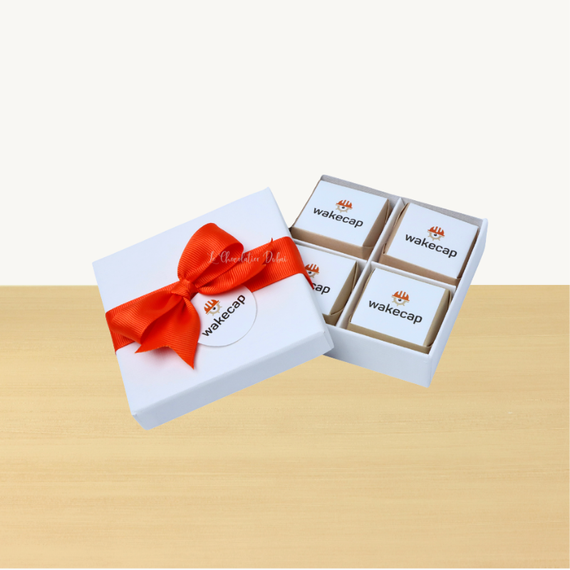 Set of 15 Branded corporate chocolate 4-piece hard box with logo tag and matching ribbon