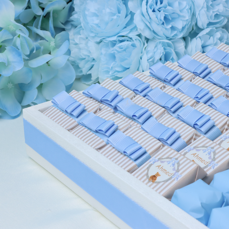 Baby boy teddy theme decorated chocolate leather tray with personalized acrylic backdrop