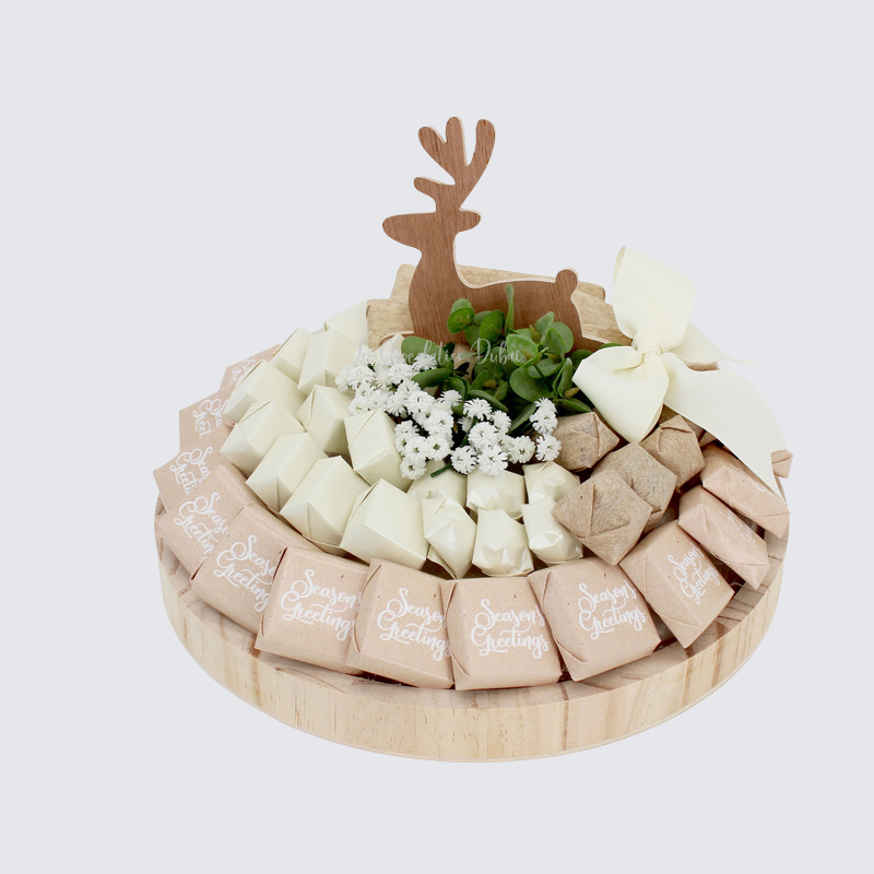 Christmas decorated chocolate wood round tray