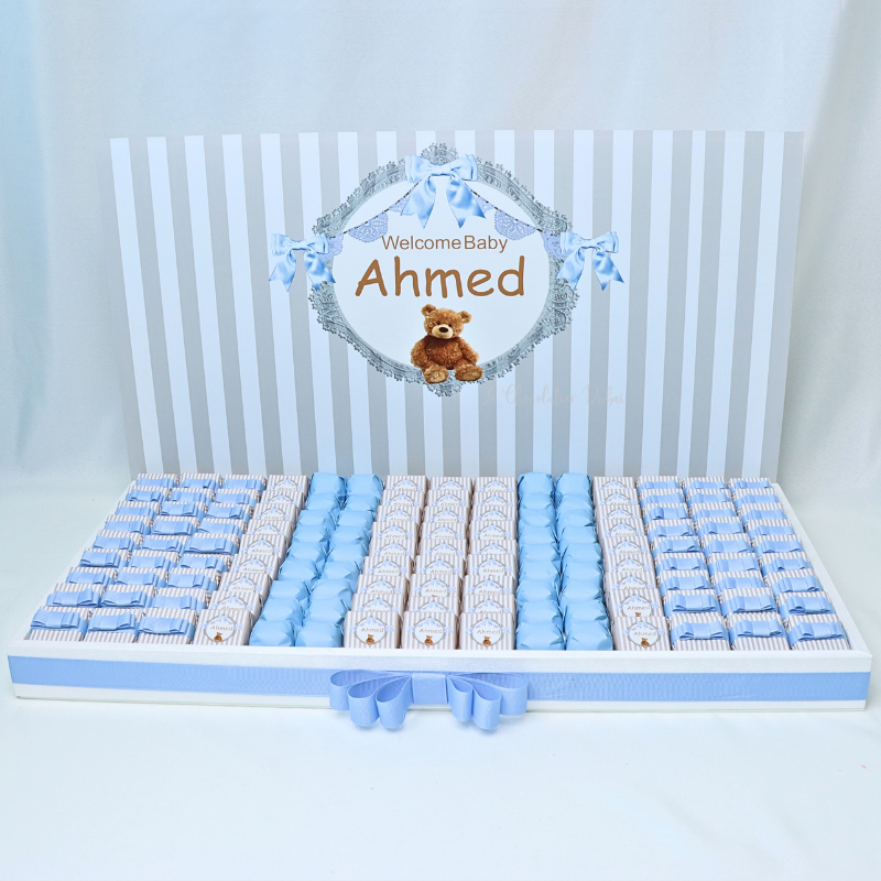 Baby boy teddy theme decorated chocolate leather tray with personalized acrylic backdrop