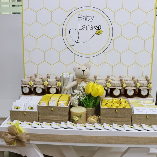 Baby bee theme personalized chocolate wood stand with personalized backdrop.