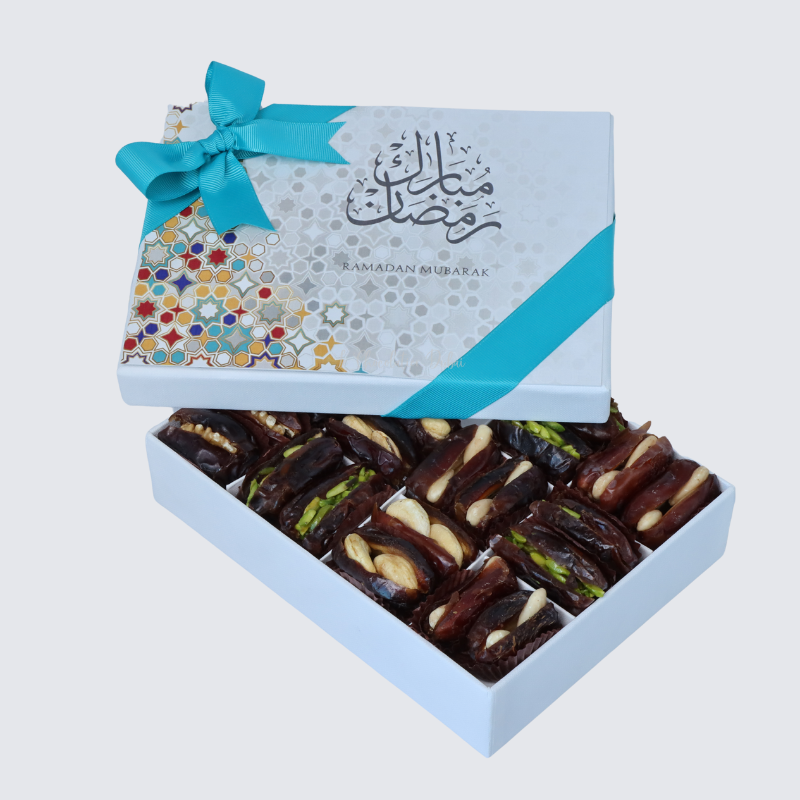 Ramadan designed premium nut stuffed dates 12-piece hard box