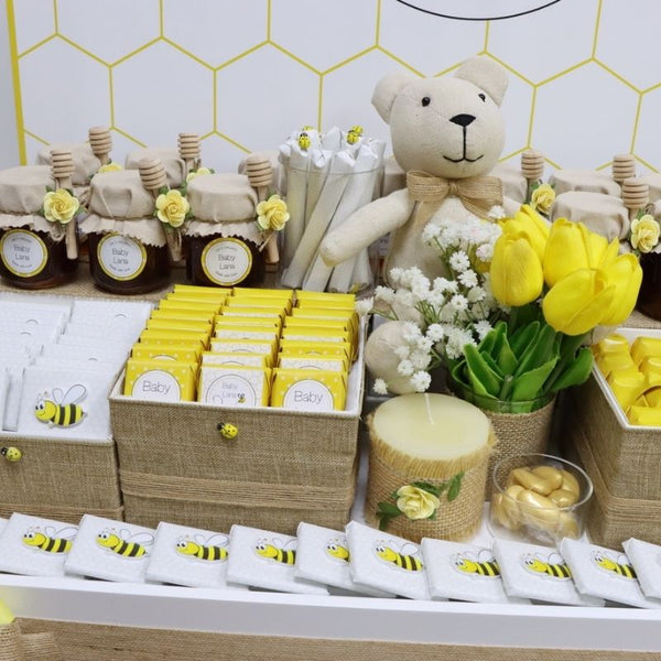 Baby bee theme personalized chocolate wood stand with personalized backdrop.