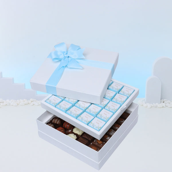 Baby boy "welcome baby" flower designed 2-layer chocolate hard box