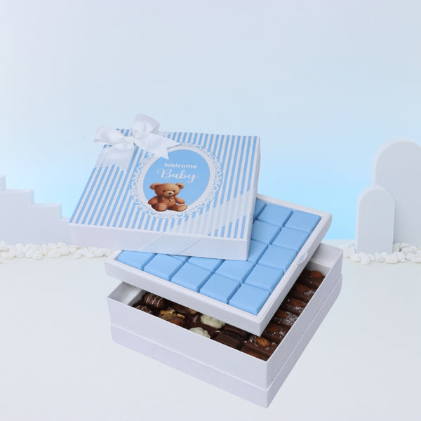 Baby boy "welcome baby" teddy designed 2-layer chocolate hard box