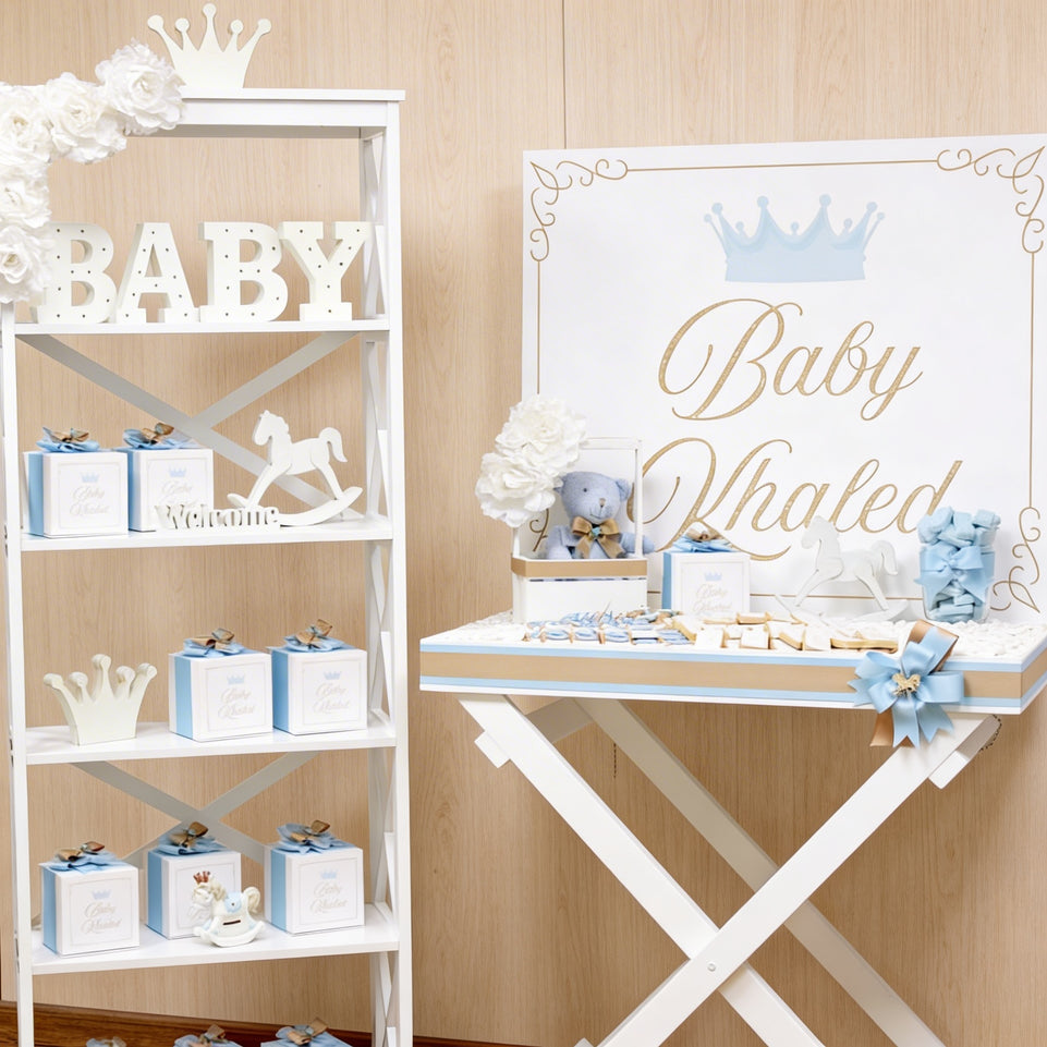 Baby boy carousel horse theme decorated chocolate wood stand with personalized backdrop