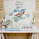 Baby boy adventure theme chocolate & sweets wood stand with backdrop for rent