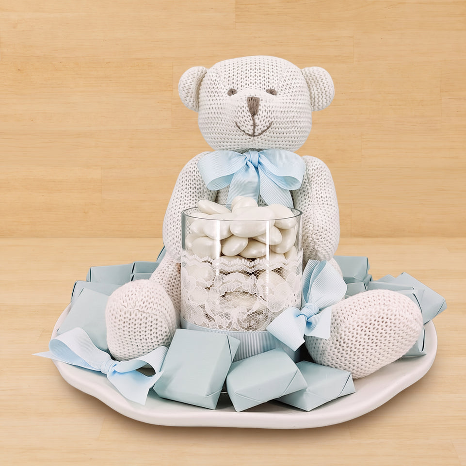 Baby boy teddy decorated chocolate & almond dragees ceramic plate