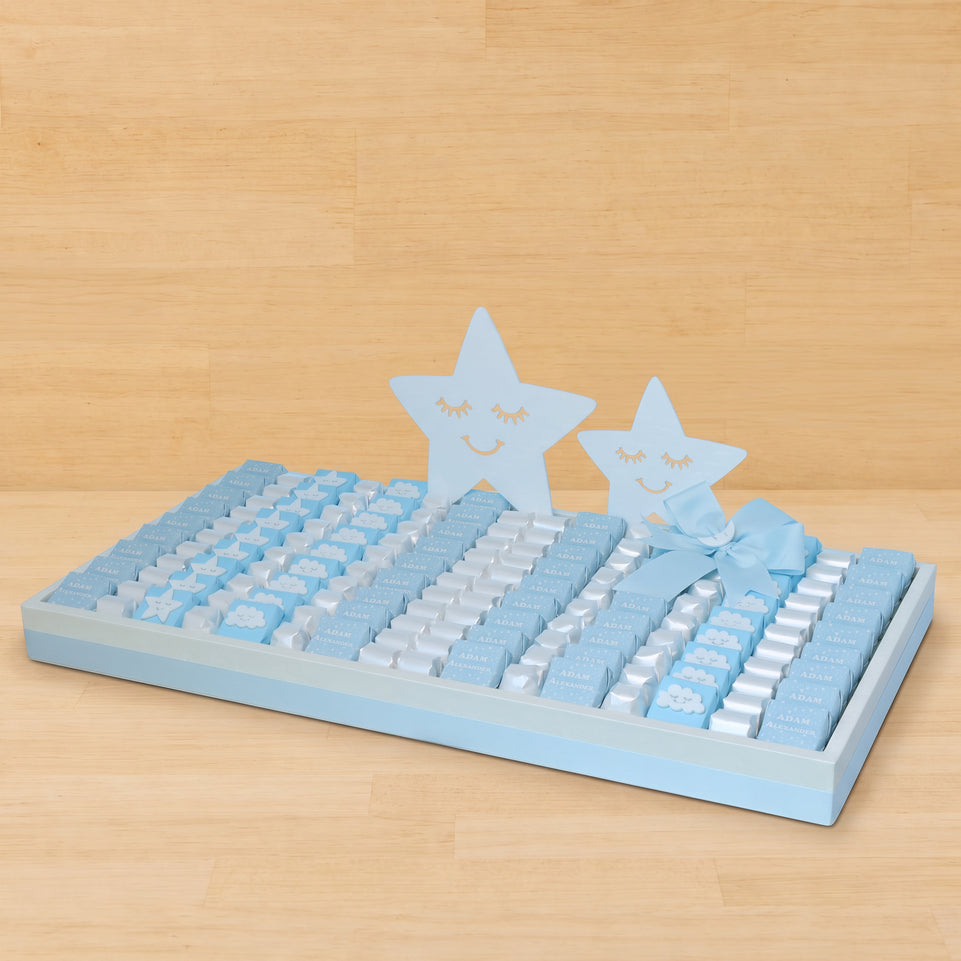 Baby boy acrylic stars decorated chocolate personalized large leather tray