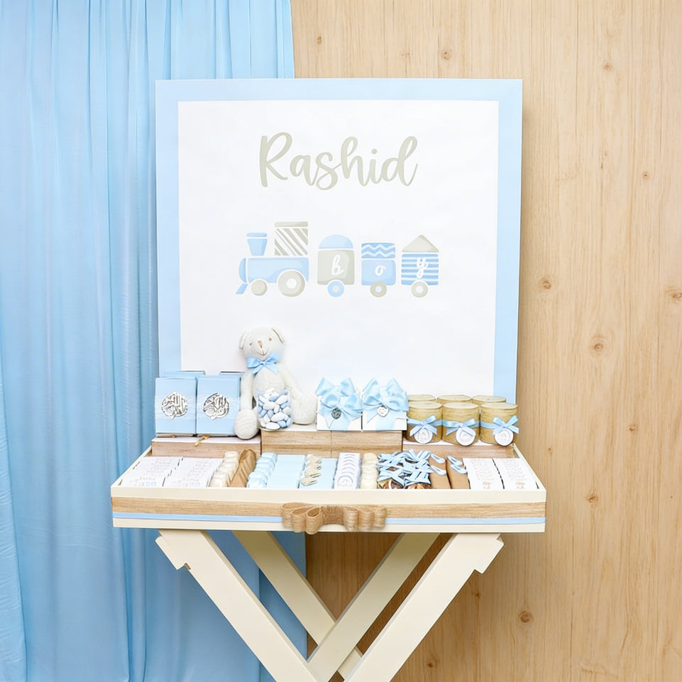 Baby teddy theme personalized chocolate wood stand with personalized backdrop.