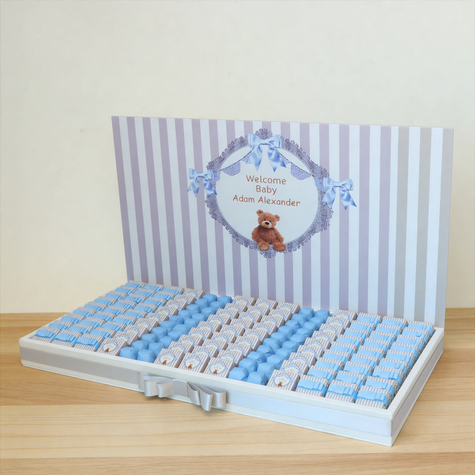 Baby boy teddy theme decorated chocolate leather tray with personalized acrylic backdrop
