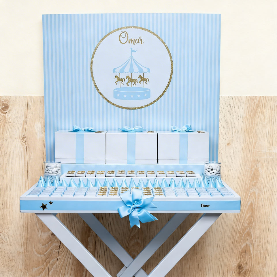 Carousel themed baby boy personalized chocolate stand with personalized backdrop