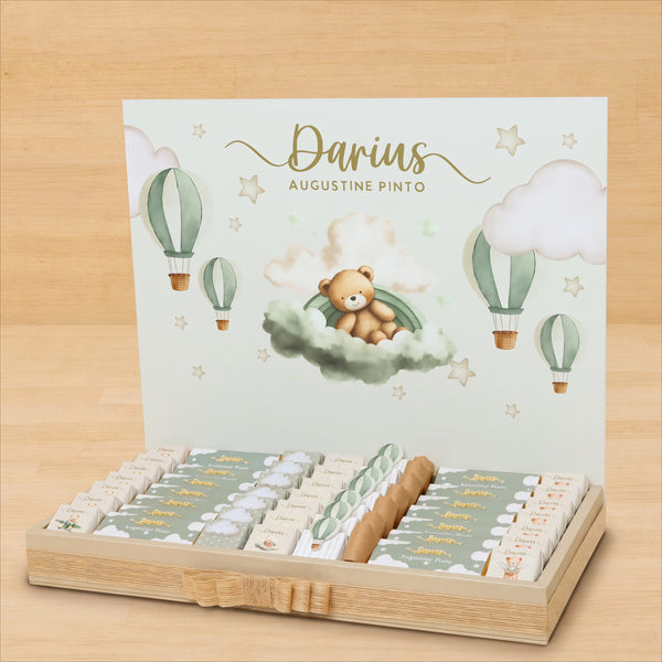Baby boy air balloon theme chocolate medium leather tray with personalized designed acrylic backdrop