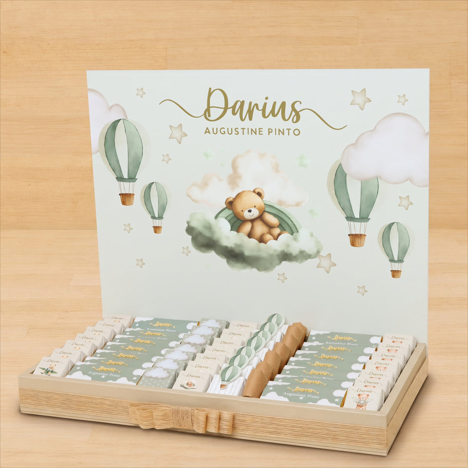 Baby boy air balloon theme chocolate medium leather tray with personalized designed acrylic backdrop