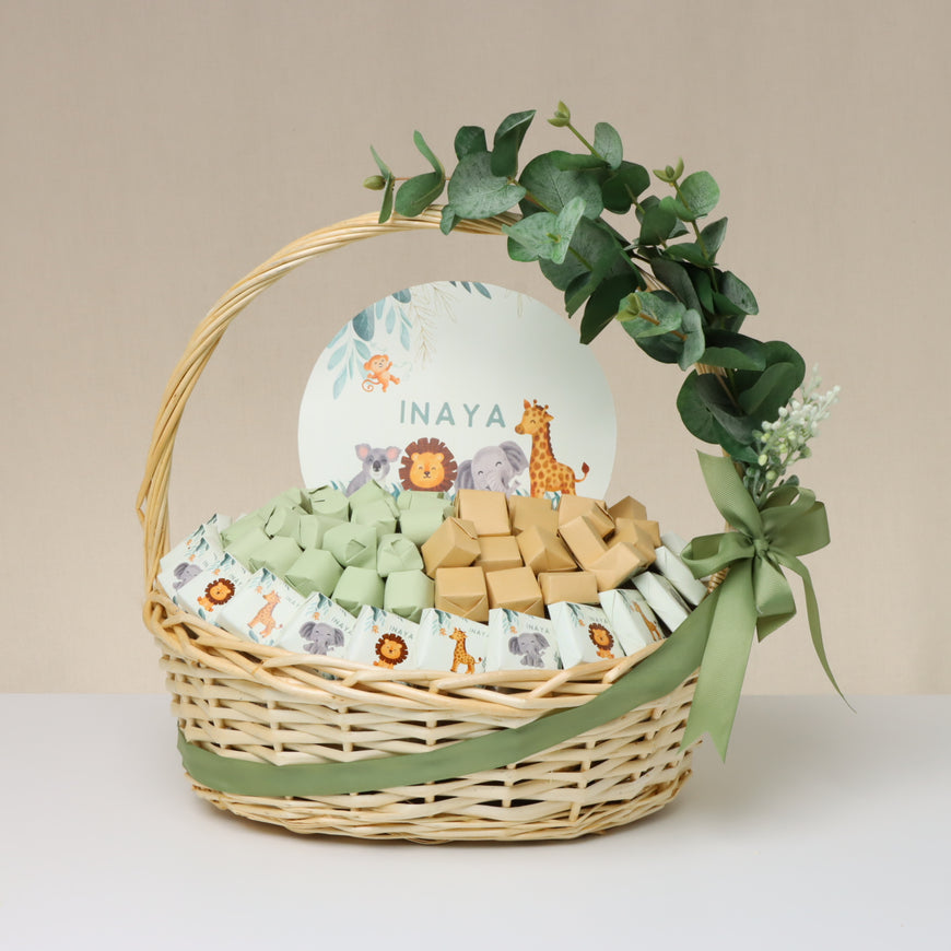 Safari Theme Greenery Decorated Customized Baby Chocolate Large Basket