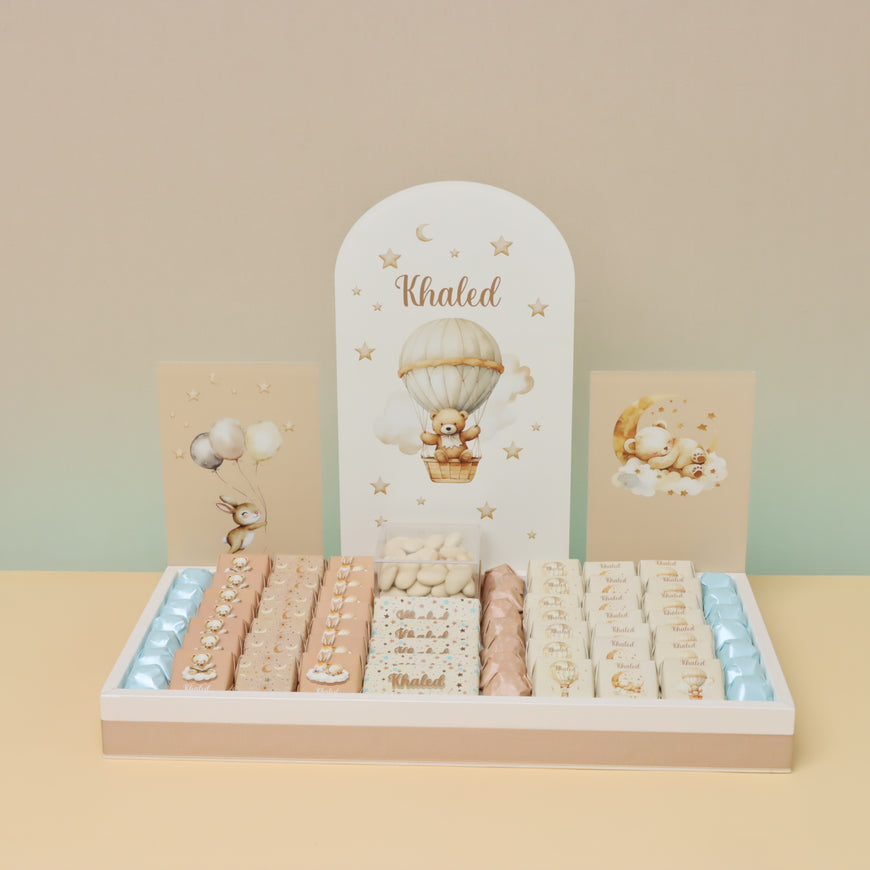 Baby Air balloon team with acrylic backdrop chocolate medium leather tray