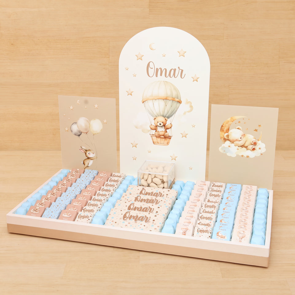 Baby personalized teddy air balloon theme designed premium chocolate large leather tray