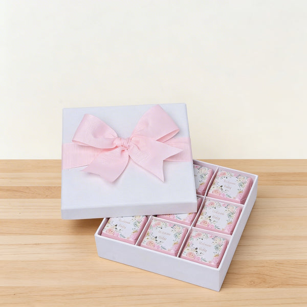 Welcome baby girl flower designed 9-piece chocolate hard box