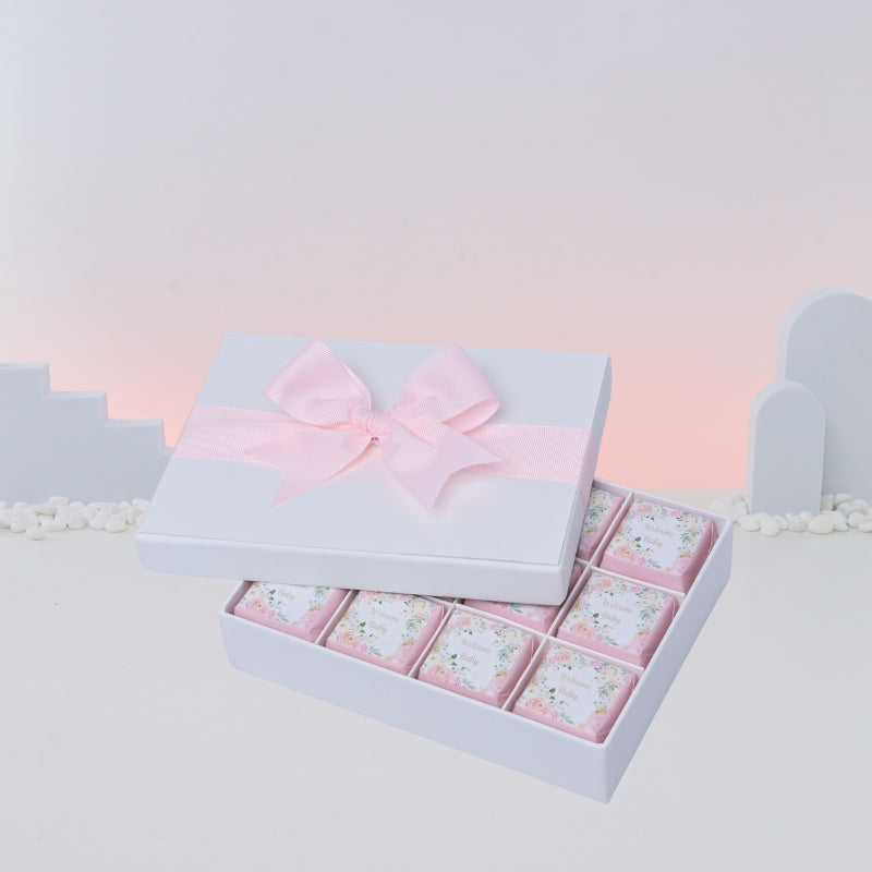 Welcome baby girl flower designed 12-piece chocolate hard box