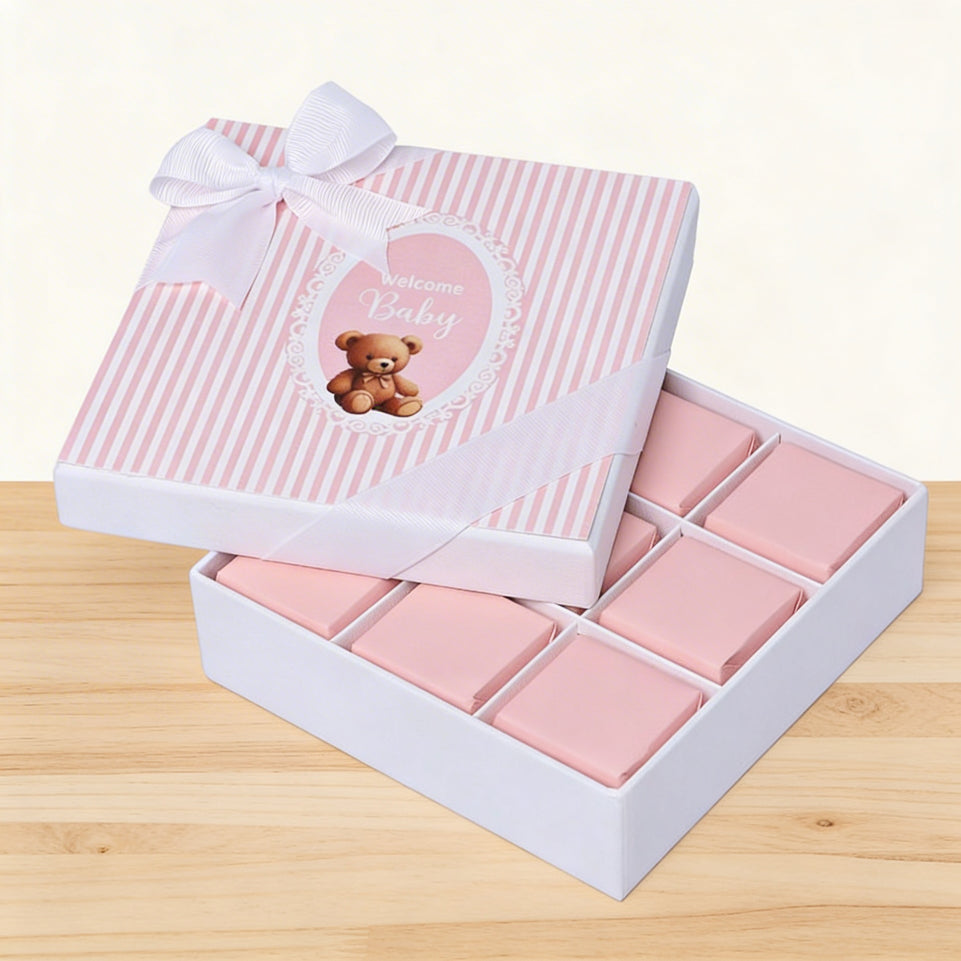Welcome baby girl teddy designed 9-piece chocolate hard box
