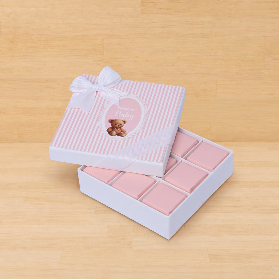 Welcome baby girl teddy designed 9-piece chocolate hard box