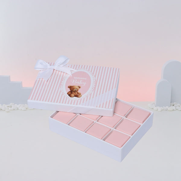 Welcome baby girl teddy designed 12-piece chocolate hard box