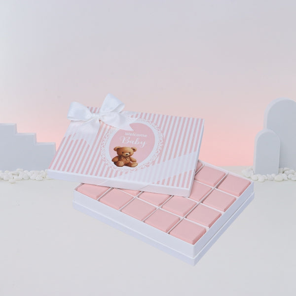 Welcome baby girl teddy designed 20-piece chocolate hard box