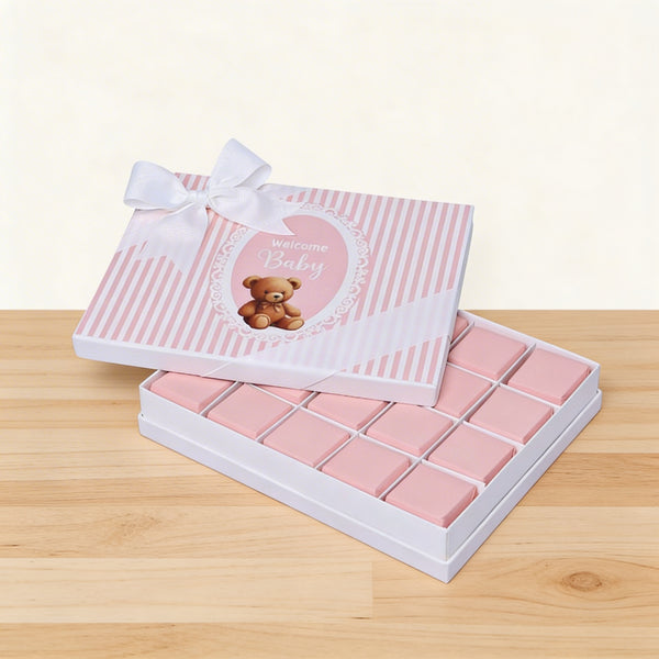 Welcome baby girl teddy designed 20-piece chocolate hard box