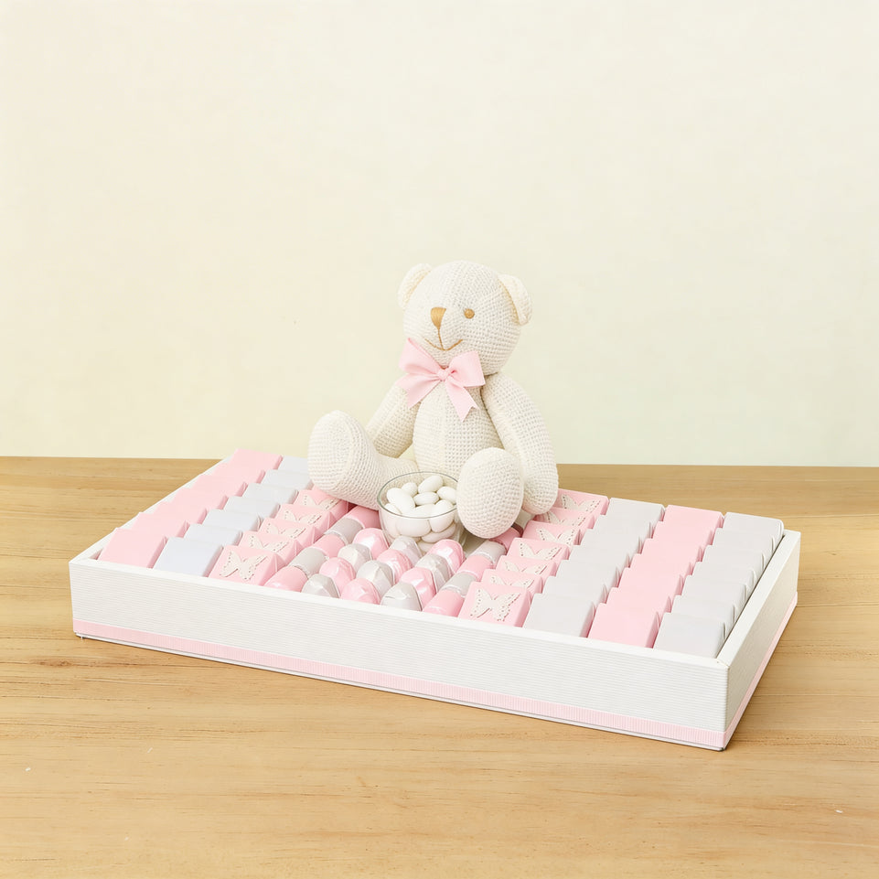 Baby girl butterfly decorated chocolate & teddy plush toy medium leather tray