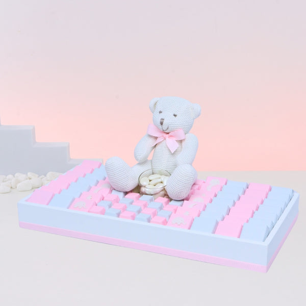 Baby girl glittery decorated chocolate & teddy plush toy medium leather tray