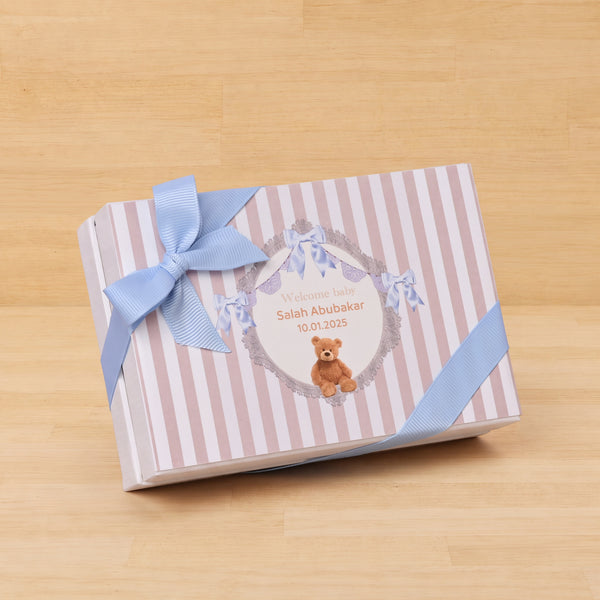 Set of 20 Baby boy teddy designed premium chocolate 6-piece hard box with ribbon