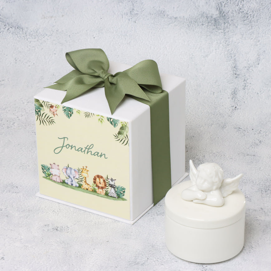 Baby Safari theme angel box giveaway in customized hard box