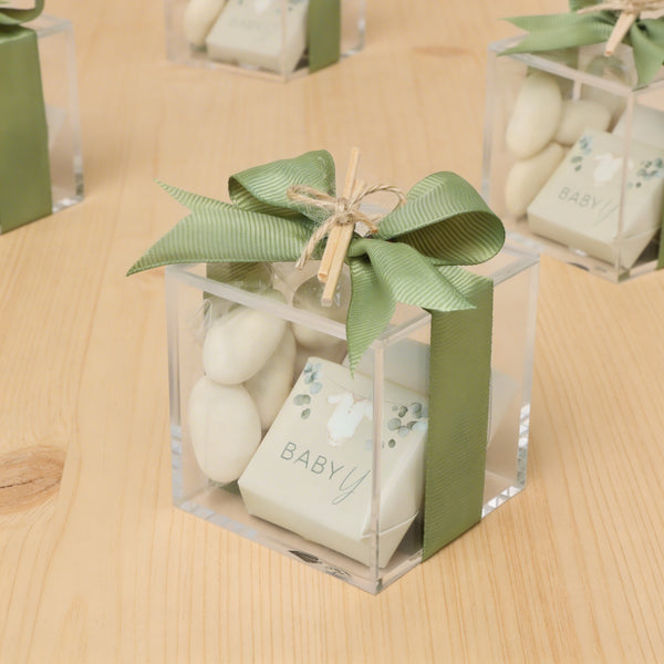 Set of 20 Baby sage green chocolate & almond dragees acrylic box