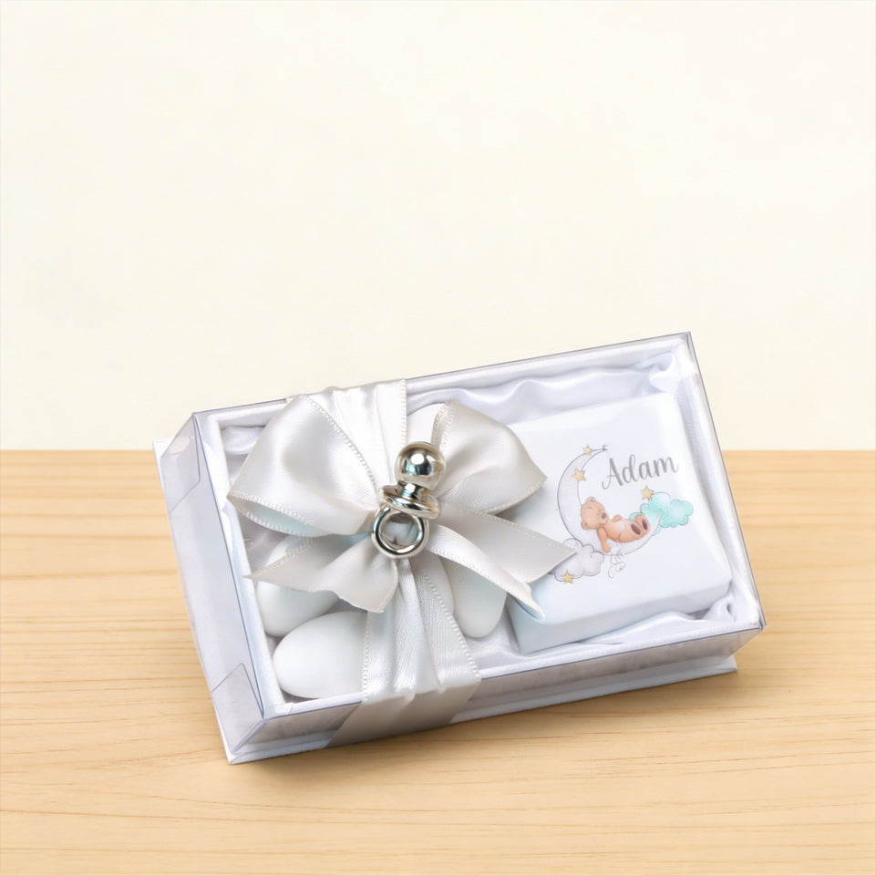 Set of 20 baby boy teddy designed premium chocolate & almond dragees view top box