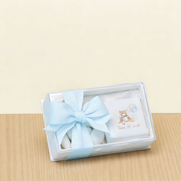 Set of 20 baby boy teddy designed premium chocolate & almond dragees view top box
