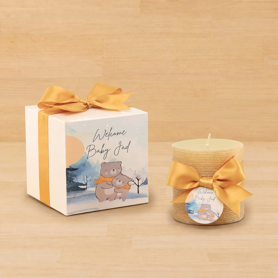 Baby personalized teddy theme decorated candle soft box giveaway