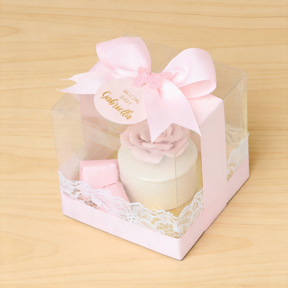 Set of 20 Baby girl Flower ceramic box with premium chocolate clear box giveaway