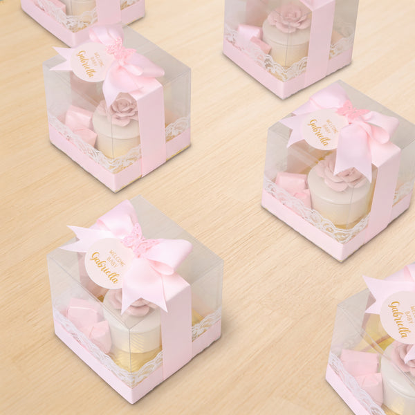 Set of 20 Baby girl Flower ceramic box with premium chocolate clear box giveaway