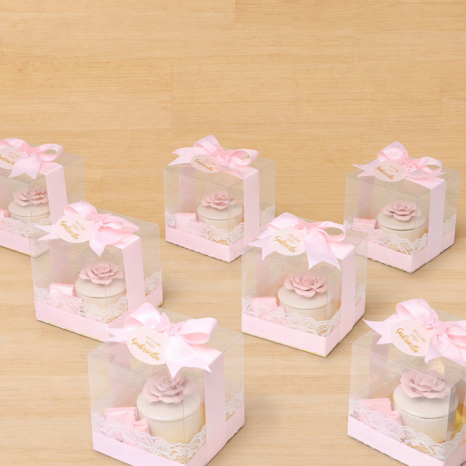 Set of 20 Baby girl Flower ceramic box with premium chocolate clear box giveaway
