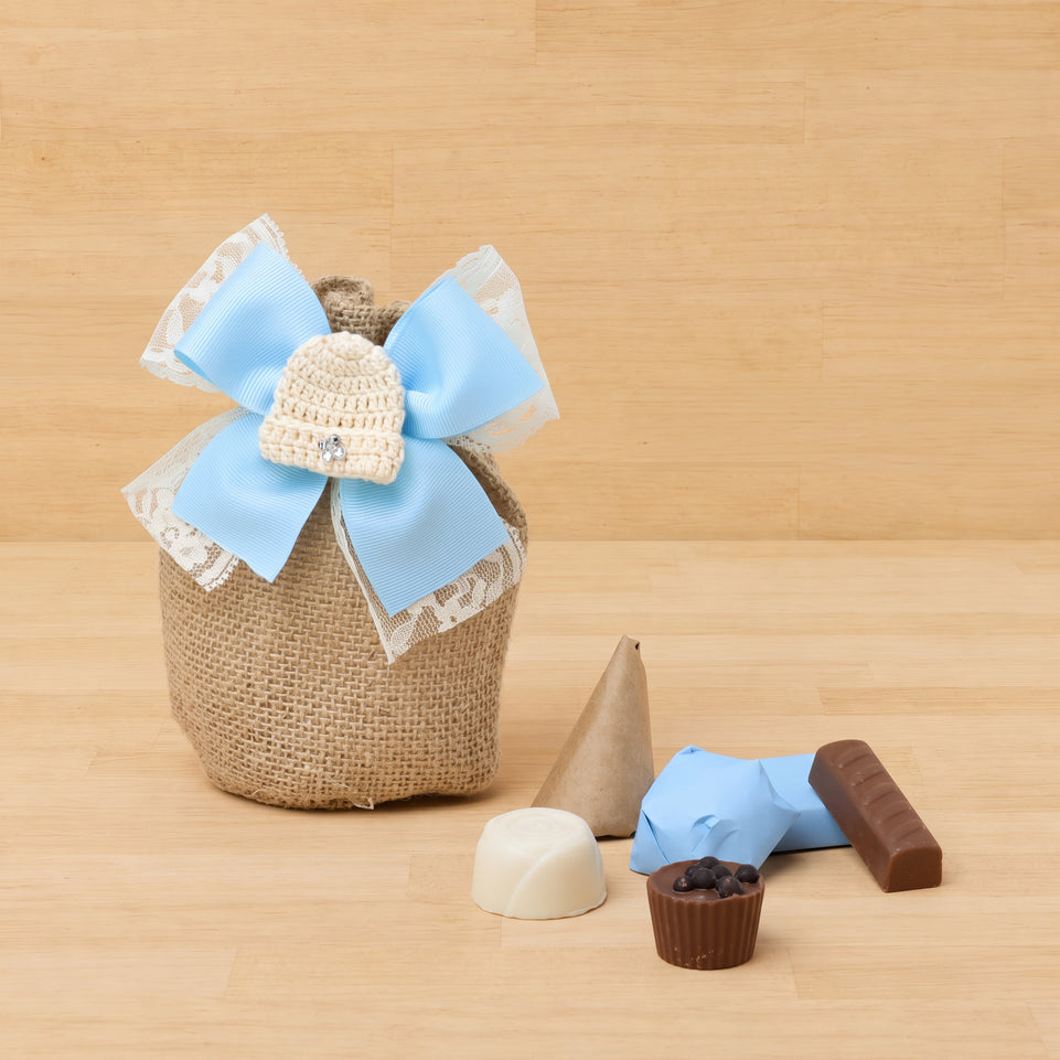 Set of 20 Baby boy crochet hat decorated chocolate bag