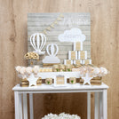 Baby boy rustic hot air balloon theme decorated chocolate arrangement stand for rent