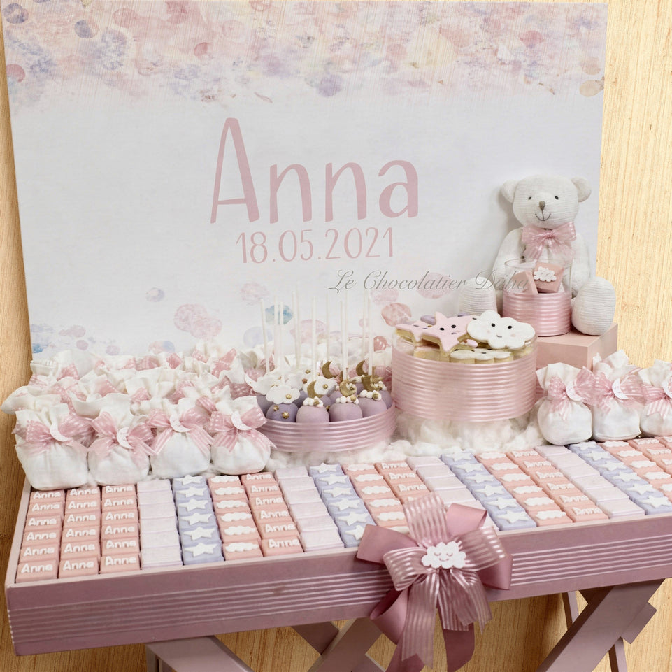 Stars, moons & clouds chocolate & sweets baby girl wood stand with backdrop.