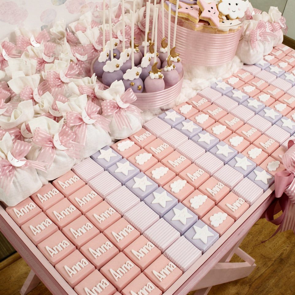 Stars, moons & clouds chocolate & sweets baby girl wood stand with backdrop.