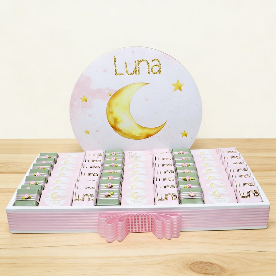 Baby girl personalized moon theme design chocolate leather tray