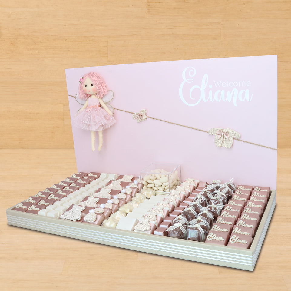 Baby girl crochet decorated chocolate leather tray with personalized acrylic backdrop